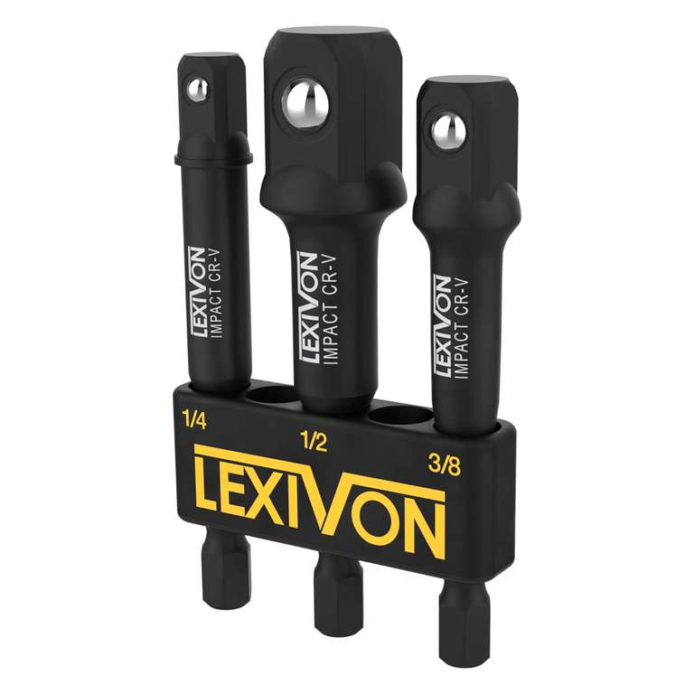 Lot de 3 adaptateurs portes douilles Lexivon LX-101 pour visseuse à chocs - Embouts ¼”, 3/8”, ½” 7.5 cm, Chrome vanadium (Vendeur tiers)