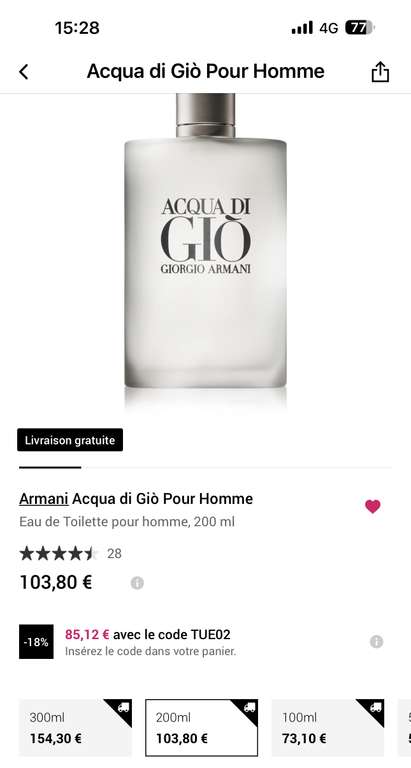Eau de Toilette pour homme Armani Acqua di Giò - 200 ml (via l'application)