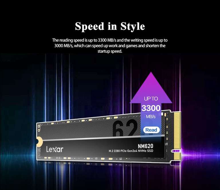 SSD interne M.2 NVMe Lexar NM620 - 2 To, TLC, Jusqu'à 3300-3000 Mo/s