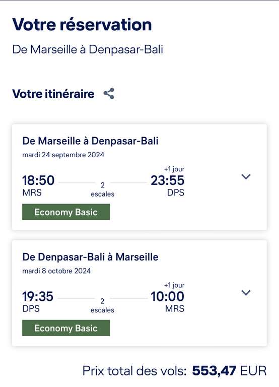 Vol Aller-retour Marseille (MRS) <-> Bali (Indonésie) - Du 24 Septembre au 8 Octobre (Bagage en soute de 23 kg)