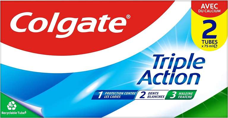 Lot de 2 tubes de dentifrice Colgate Triple Action - Menthe Originale, 2x75ml (via coupon et abonnement)