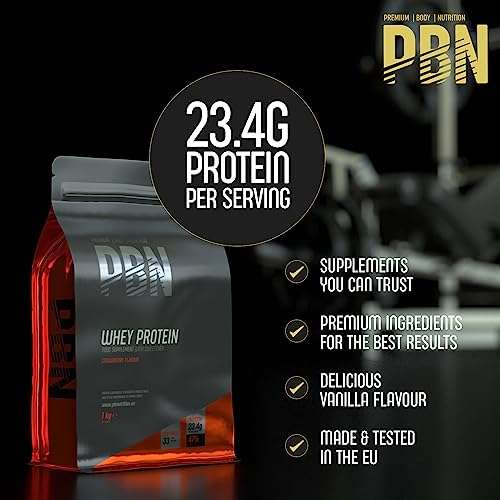 Sachet de whey protein PBN Premium Body Nutrition - 1 kg, fraise, nouvelle saveur améliorée