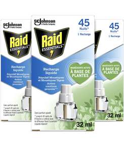 [Prime] Lot de 3 flacons de répulsif moustiques à base de plantes Raid Essentials pour diffuseur électrique - 3 x 45 nuits