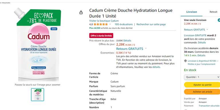 Crème douche Cadum hydratation longue durée 500 ml (avec abonnement)