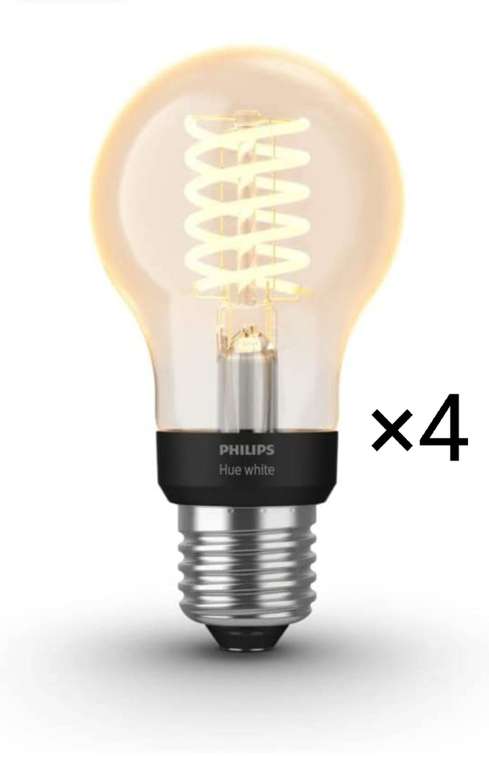 Lot de 4 Ampoules connectée à filament Philips Hue - E27, Standard, Lumière chaude dimmable, 7W