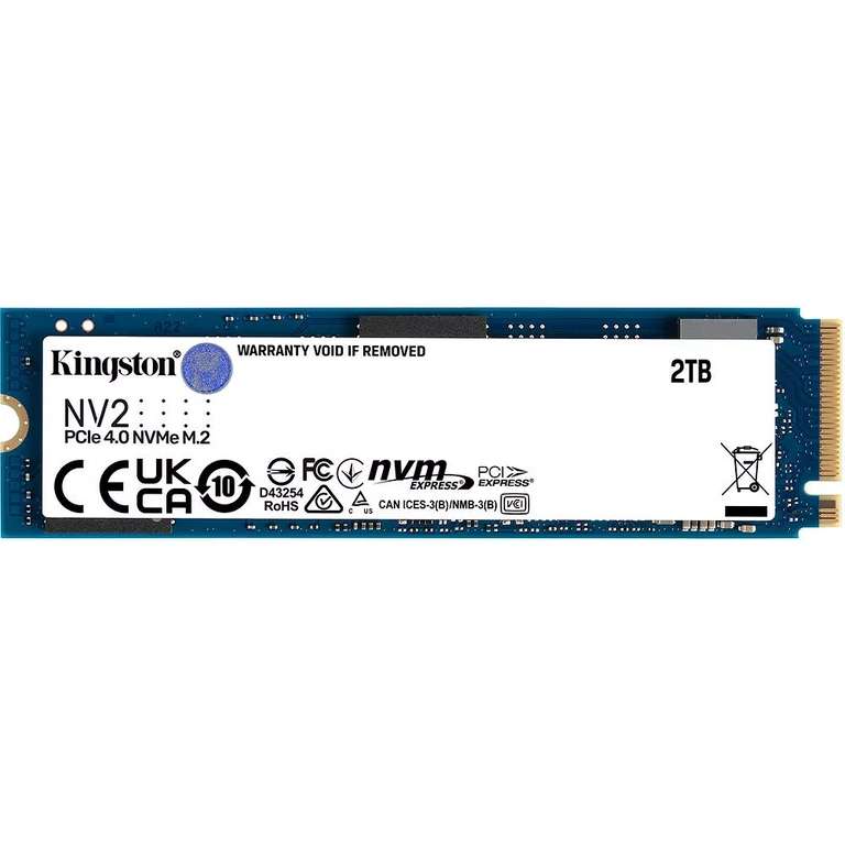 SSD interne M.2 NVMe Gen4 Kingston NV2 - 2 To, QLC 3D, Jusqu'à 3500-2800 Mo/s (+ 9.49€ en RP)