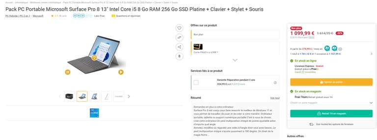 Pack PC Portable 13" Microsoft Surface Pro 8 - i5, 8Go RAM, 256 Go SSD + Clavier + souris + pencil
