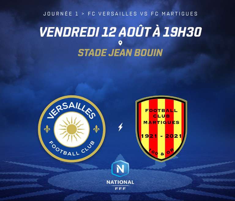 Place gratuite pour le match J1 National - FC Versailles vs FC Martigues au stade Jean Bouin - vendredi 12 août - FCVersailles.com