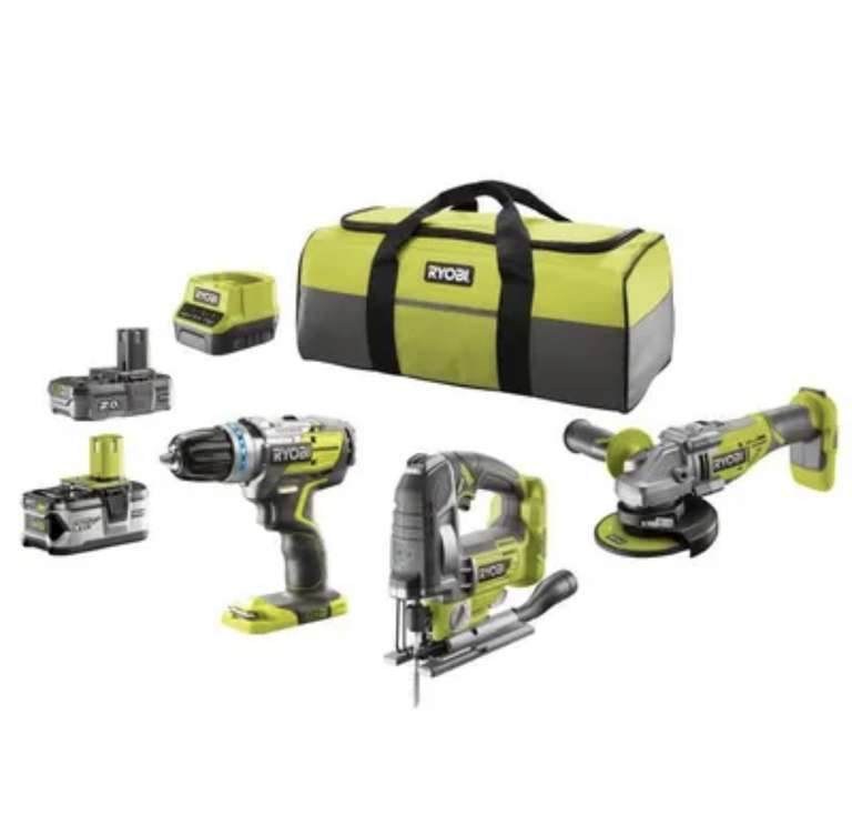 Pack 3 outils Ryobi Brushless : perceuse à percussion, scie sauteuse , meuleuse d'angle, 2 batteries 2 / 4 Ah, 1 chargeur 2,0 A