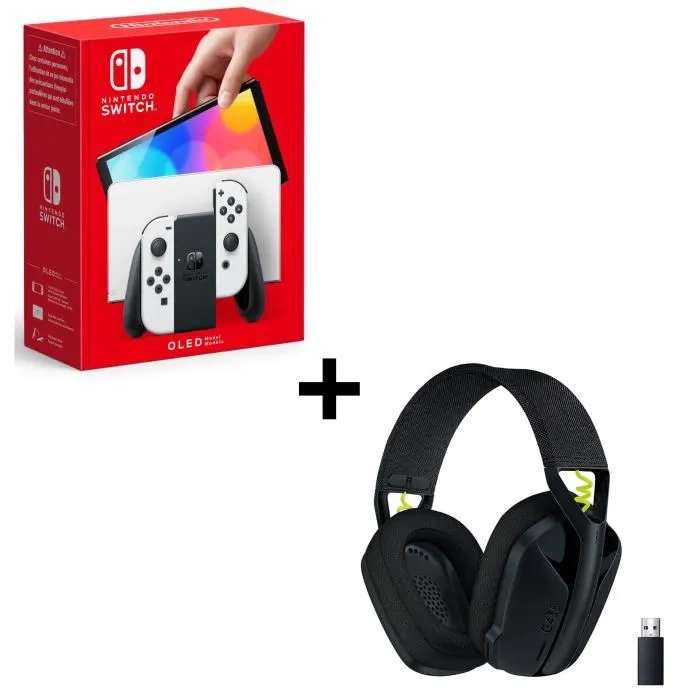 Pack console Nintendo Switch OLED (blanc) + casque audio sans-fil Logitech G435 LightSpeed (noir)