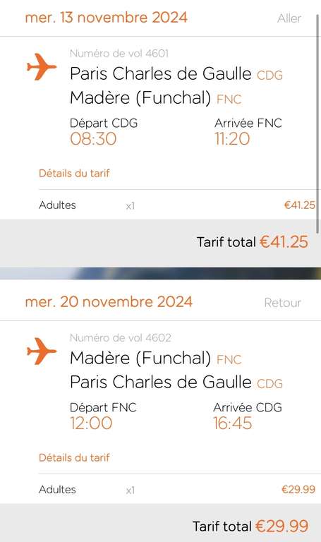 Vol Aller-retour Paris (CDG) <-> Funchal (Madère) - Du 13 au 17 Novembre (Bagage à main)