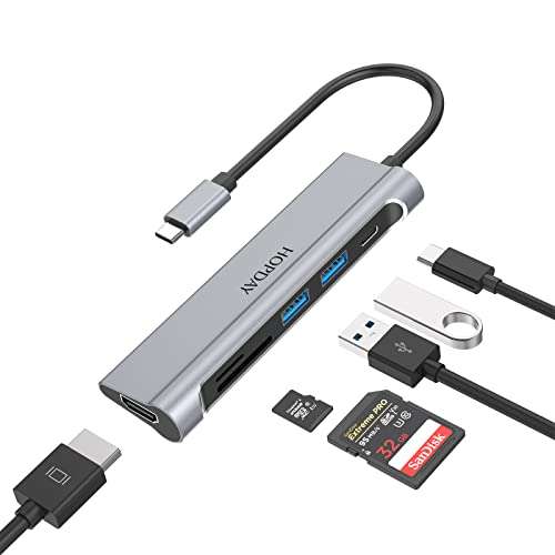 Hub USB 6-en-1 Adaptateur USB C Hopday - HDMI 4K, 2 ports USB 3.0, lecteur de carte SD/TF, port de charge USB C 100W, USB-C (vendeur tiers)