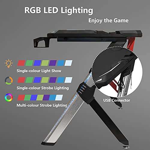 Bureau Gamer LED Ergonomique - 120 x 60 x 74 cm, avec Porte-gobelet (via coupon - Vendeur Tiers)
