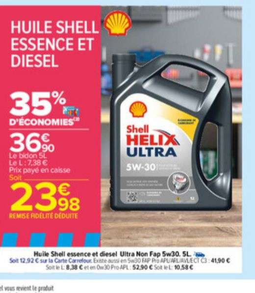 Bidon d'huile Shell Helix Ultra 5W30 - 5L, essence et diesel (via 12.92€ sur carte fidélité)
