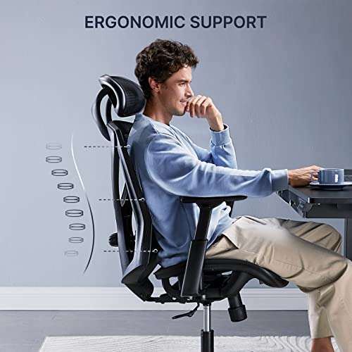 Chaise de Bureau Ergonomique Huano - Support Lombaire réglable, appuie-tête, accoudoir, inclinable (Via coupon - Vendeur tiers)
