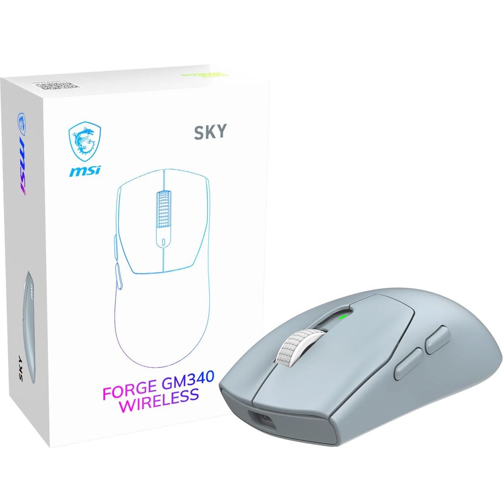 Souris Sans Fil MSI Forge GM340 Wireless Sky - 12000 DPI, '1000 Hz, 6 Boutons, autonomie 82h , Latence 1 ms, 57g