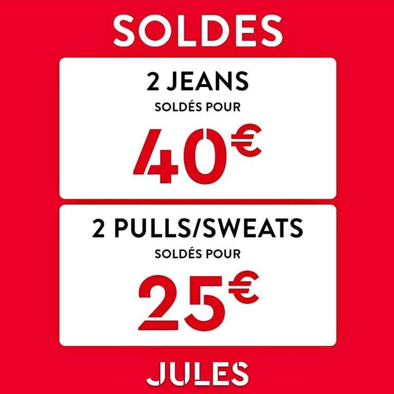 Sélection de 2 Offres Promotionnelles chez Jules : 2 Pulls/Sweats Soldés pour 25€ ou 2 jeans soldés pour 40€