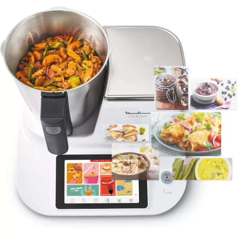 Robot cuiseur Moulinex Click & Cook HF506110 - 1400 W, 3.6L, Ecran Tactile, 32 fonctions, 600 recettes intégrées, blanc (+50€ en RP)
