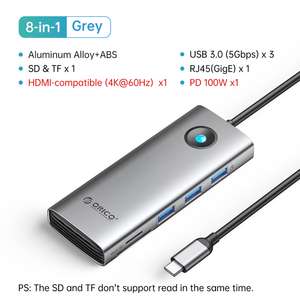 Hub USB-C Orico - USB 3.0(5Gbps) x3 / SD & TF / RJ45(GigE) / HDMI 4k60hz / PD 100W (avec coupons)