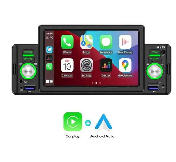 Autoradio MP5 CarPlay et Auto, Bluetooth, MirrorLink, FM, Stéréo, Limitation, Lecteur vidéo, 5", 1Din