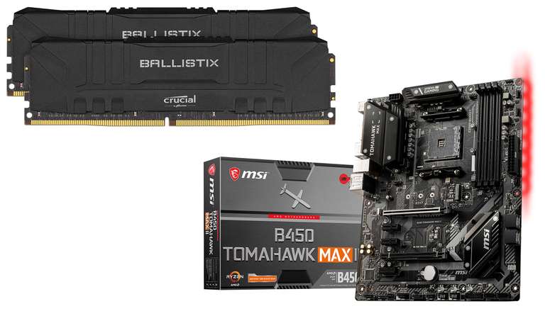 Kit Mémoire RAM DDR4 Crucial Ballistix - 32 Go (2 x 16 Go), 3200 MHz, CL16 + Carte mère ATX MSI B450 Tomahawk MAX II