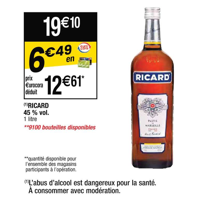 Bouteille de Pastis Ricard - 1L (via 6.49€ sur la carte de fidélité)