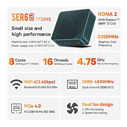 Mini PC Beelink SER6 Pro - R7 7735HS (8C/16T 4,75 GHz), 32 Go de RAM, 500 Go de SSD (Via Coupon - Vendeur Tiers)