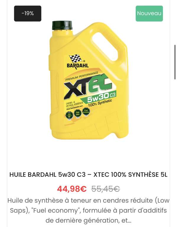 Sélection d’huiles moteur Bardahl en promotion - Ex : Bidon de 5L d'huile semi-synthétique XTC 5W40 - Magasins Pièces Auto