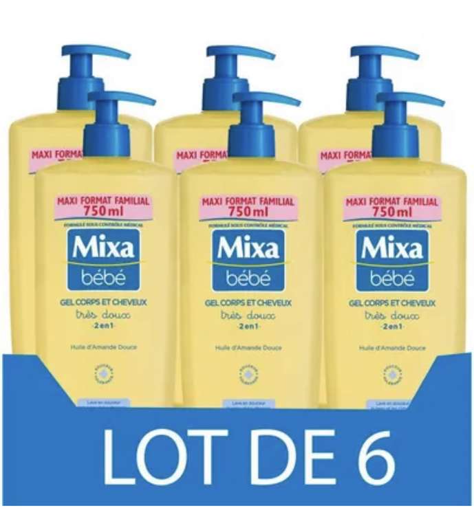 Lot de 6 gels doux MIXA BEBE 2-en-1 corps et cheveux - 750 ml