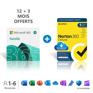 15 mois d'abonnement à Microsoft Office 365 Famille - jusqu’à 6 utilisateurs + NORTON 360 Deluxe