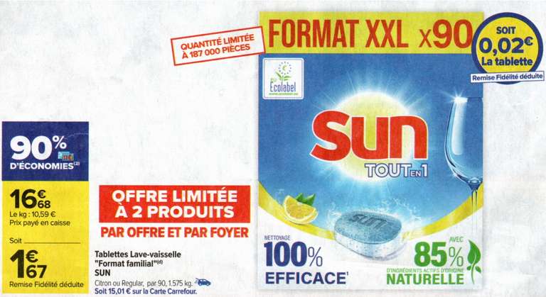 90 Tablettes Lave-Vaisselle Tout En 1 Sun (via 15.01€ sur Carte Fidélité)