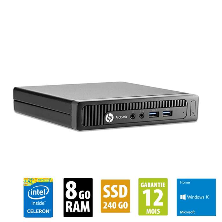 Mini-PC de bureau HP ProDesk 600 G2 USFF - G3900T, RAM 8 Go, SSD 240 Go, Windows 10 Home (Reconditionné Grade B - Garantie 1 an)