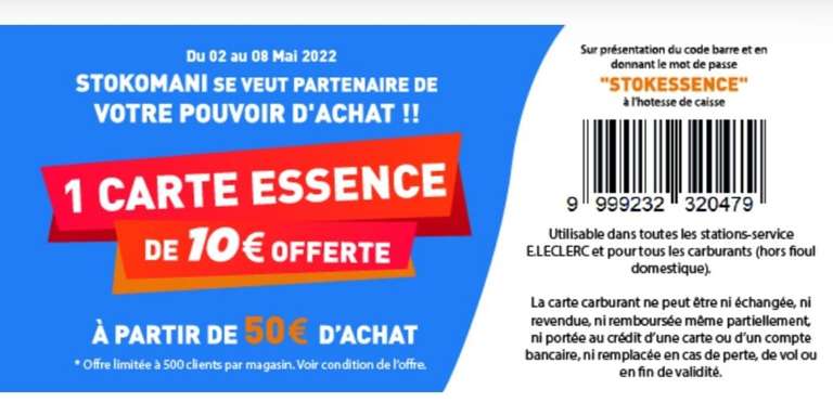 Carte carburant de 10 € valable en stations E.Leclerc offerte dès 50€ d'achat