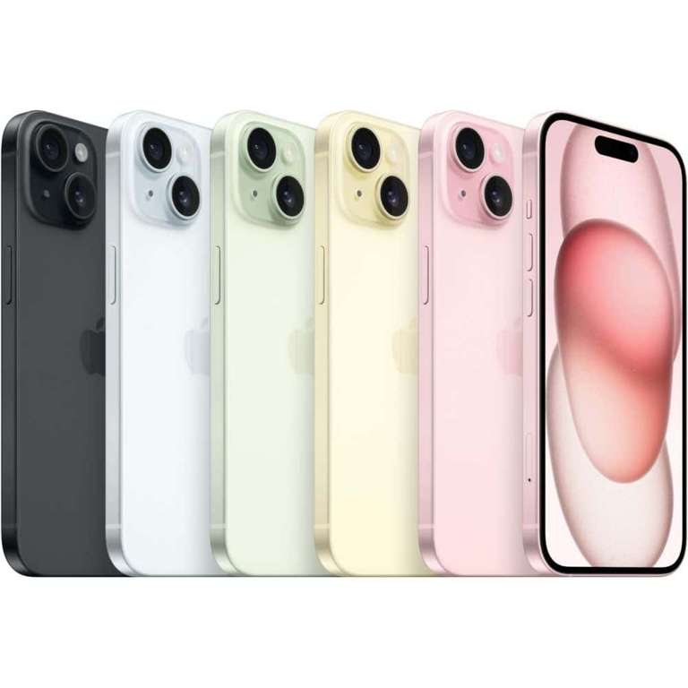 Sélection de Smartphones 6.1" Apple iPhone 15 (A3092) en promotion - Full HD+ OLED, 128 Go, Puce A16, Noir / Bleu / Vert / Rose