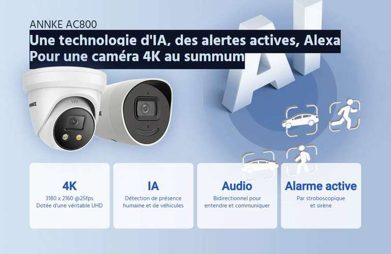Caméra de surveillance extérieure PoE ANNKE AC800 - 4K, Capteur BSI 1/1.8", f/1.6 (0.003Lux), Sirène & Alarme lumineuse, Compatibilité Alexa