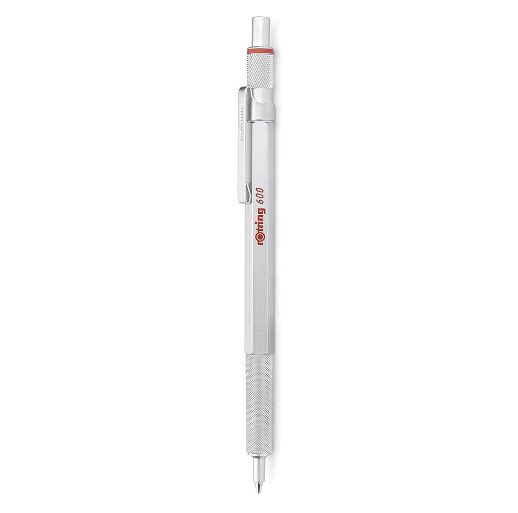 Stylo Bille rOtring 600 - Rechargeable, Pointe Moyenne, Encre Noire, Corps Argenté