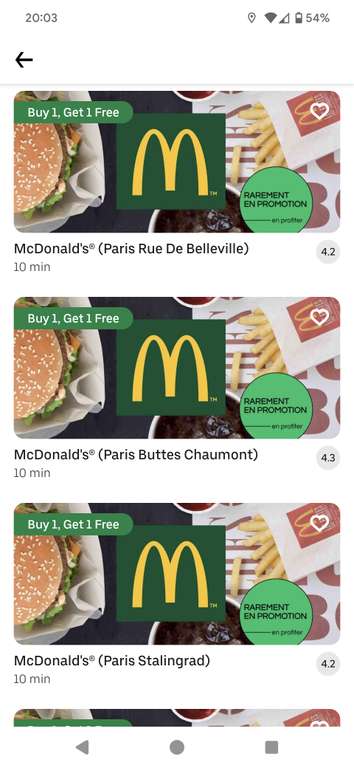 1 Big Mac acheté= 1 Big Mac Offert valable sur une sélection de McDonald's a Paris