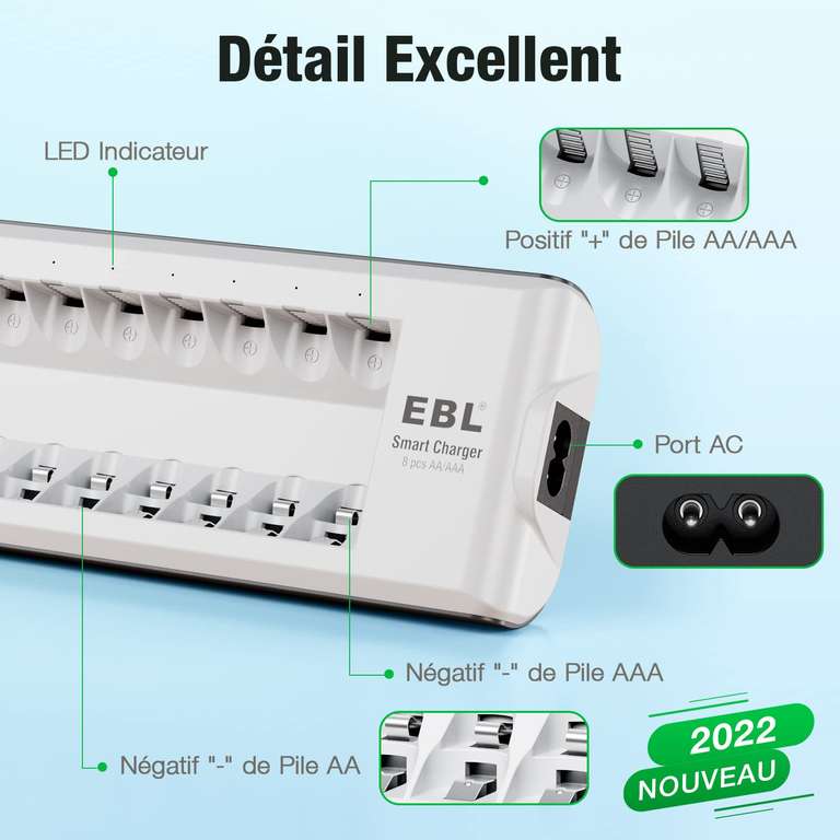 EBL Chargeur de Piles 8 Slots, avec 4PCS Piles Rechargeables AA 2800mAh et  4PCS AAA 1100mAh Ni-MH, Chargeur de Piles Rechargeables 8 Slots :  : High-Tech