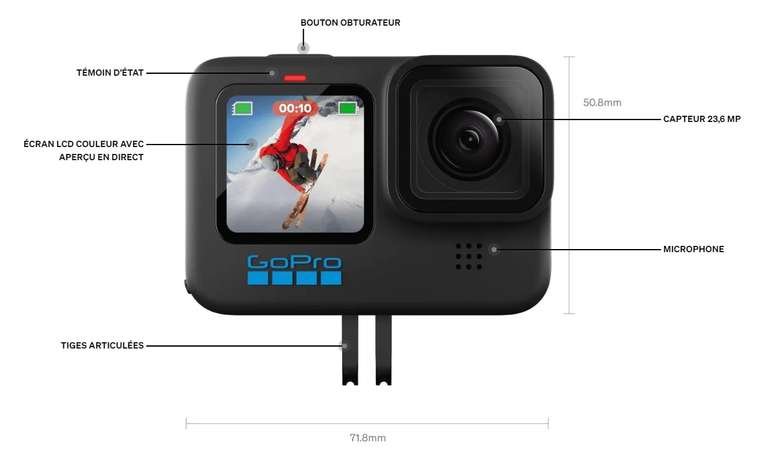 Caméra sportive GoPro HERO10 Black - 5.3K / 60 pi/s - 23 MP - Wireless LAN, Bluetooth (+15€ en points Rakuten)