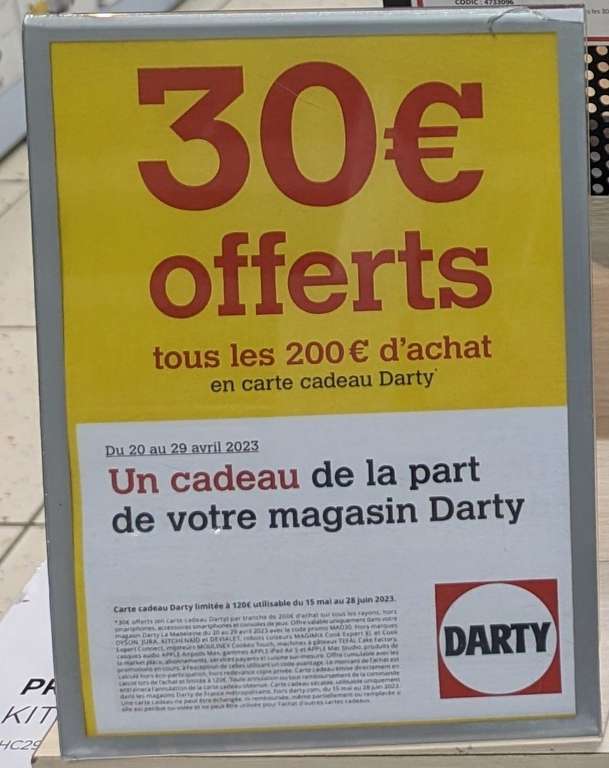 Bon d'achat de 30€ offerts par tranche de 200€ - Darty Madeleine (75)
