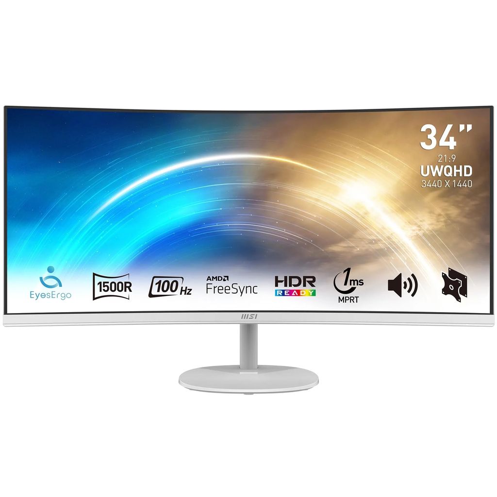 Ecran PC Incurvé 34" MSI PRO MP341CQW - UWQHD, 3440x1440, 1500R, Rafraîchissement 100Hz, Réponse 1 ms MPRT, DP, HDMi
