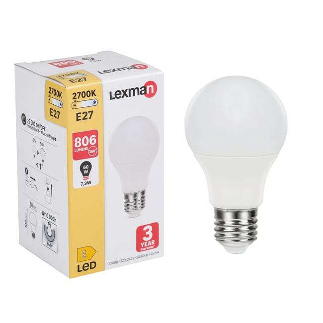 Ampoule LED Lexman E27 - 60 W (7W consommés), blanc chaud