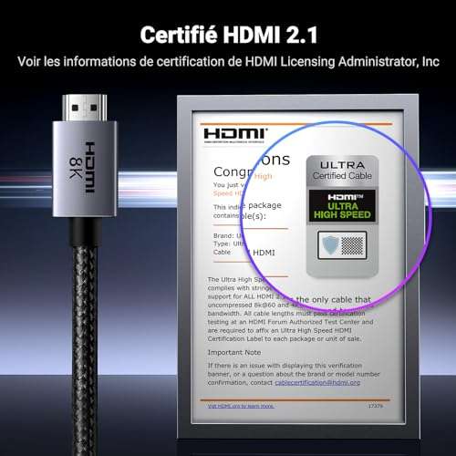 Câble HDMI 2.1 UGreen (2m) - Câble certifié, 8K @60Hz & 4K @240Hz, 48Gbps Dynamic HDR & Dolby Vision/Atmos, eARC (Vendeur tiers)