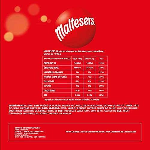 Sachet de chocolats au lait avec cœur croustillant Maltesers - 192,5g