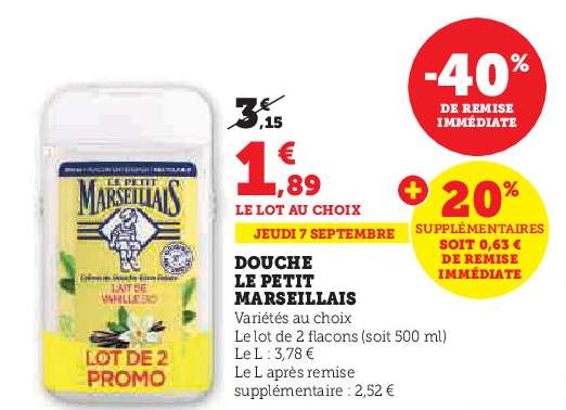Lot de 2 flacons de gel douche Le Petit Marseillais - plusieurs variétés (2 x 250 ml)