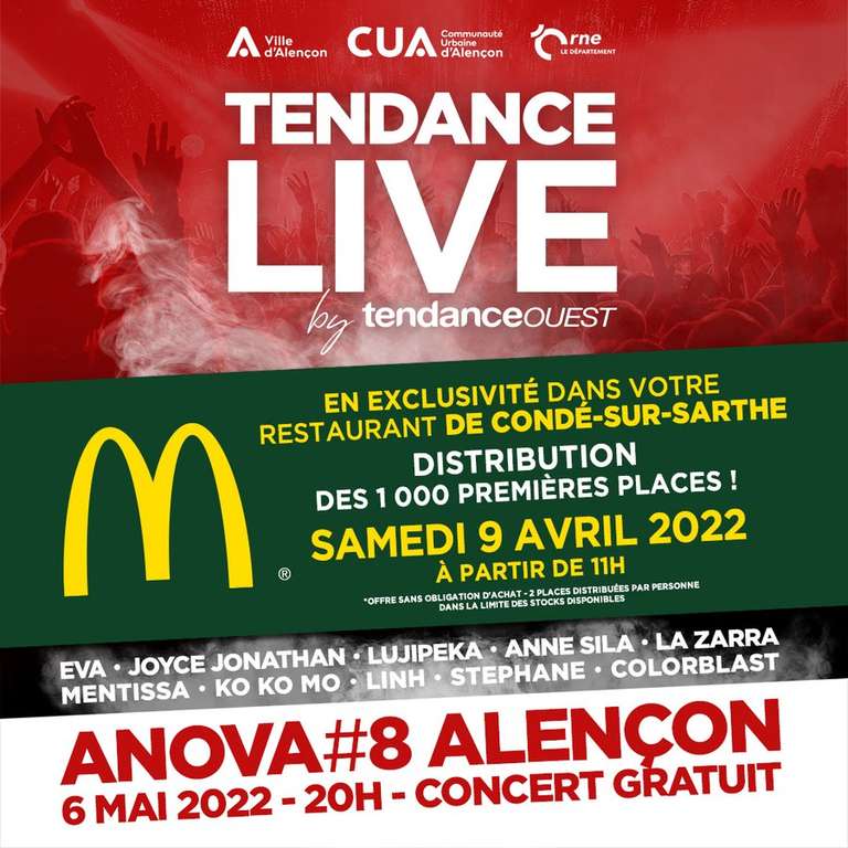 Distribution gratuite de 1 000 places pour le concert Tendance Live - Condé-sur-Sarthe (61)