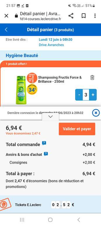 Lot de 3 Shampooings Fructis Force & Brillance (2.52 €sur la carte fidélité) - 250ml (Avranches - 50)