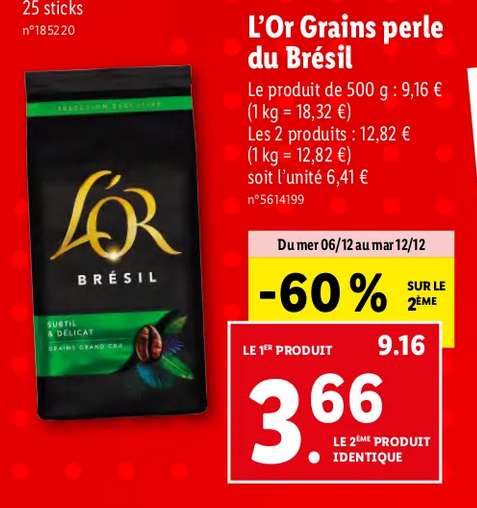Café grains L'Or Absolu L'OR : les 5 paquets de 1Kg à Prix Carrefour