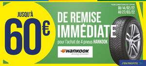 20€ de réduction pour l'achat de 4 pneus Hankook 16" et moins, 40€ pour 4 pneus 17" et 60€ pour 4 pneus 18" et plus
