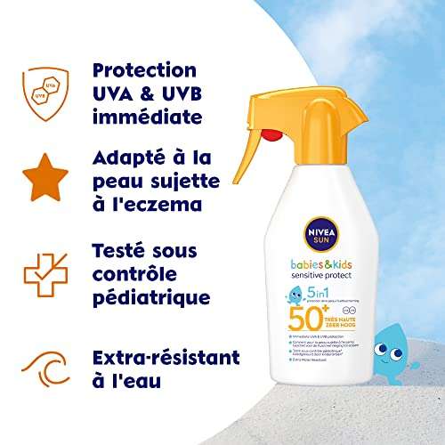 [Prime] Spray solaire ultra résistant à l’eau Nivea Sun Babies & Kids Sensitive Protect FPS 50+, 270 ml